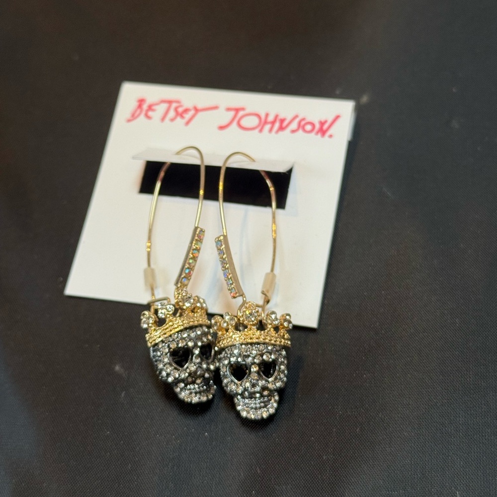 Betsey Johnson Gold and Black Pave Skull Earrings - Picture 3 of 8